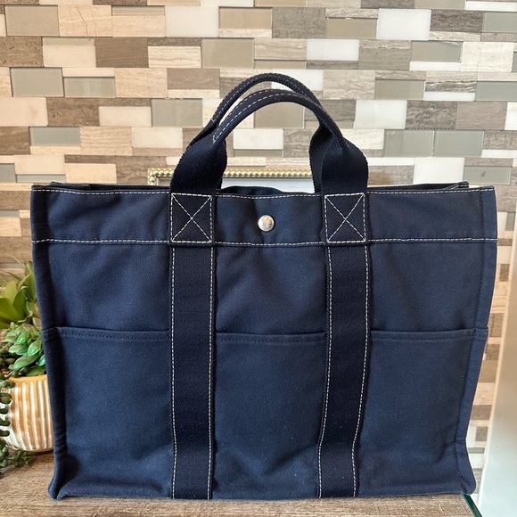 Hermes Dark Blue Canvas Deauville MM Bag Tote Bag - Picture 1 of 13
